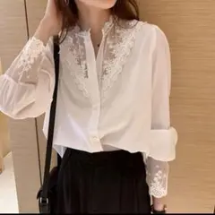 レディース韓国　甘辛ミックス　白　ブラウス　シフォン XL 大きいサイズ