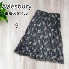 Aylesbury 花柄シフォンプリーツスカート　裾レース 　黒【9】