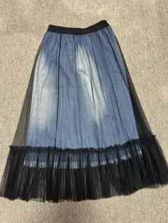 デニムプリーツスカート 黒チュール付き
