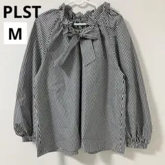 新品PLST ボウタイ M タイプライターギャザーブラウス リボン ストライプ