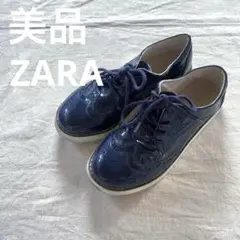 ZARA エナメルレースアップシューズ　33 20.5-21cm ネイビー紺