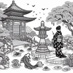 AI日本庭園 白黒線画　塗り絵 ぬりえ