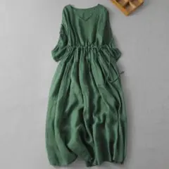 2XL ロングワンピース グリーン 緑 半袖 五分袖 Vネック ミモレ丈 3L