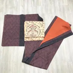 【B137】着物 紬風 袷 正絹 赤黒 単品販売 着付練習やリメイクに