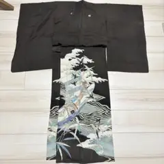 正絹 アンティーク着物 絽 黒留袖 夏着物 千鳥柄 三つ紋