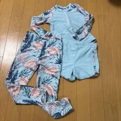 水色 花柄 ラッシュガード 長袖　３点セット　5y