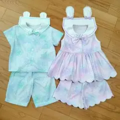 ハンドメイド 姉弟お揃い 星座柄うさ耳付きセットアップ＆くま耳付きセットアップ