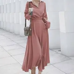 【値下げ】新品未使用 マキシシャツワンピース ロング 長袖 ピンク