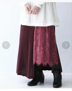 n'OrLABEL　ラッププリーツレース切替スカート　ワインレッド