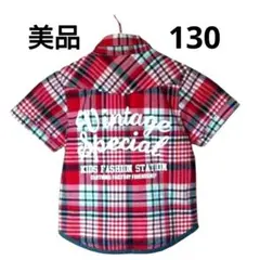 美品 130 半袖 シャツ ブラウス 赤 ネイビー 重ね着 アウター チェック柄