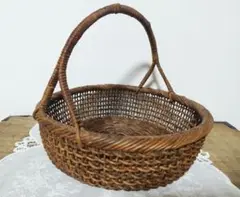 【美品】あけび　籠・バスケット　こだし編み　手持ち付　円形