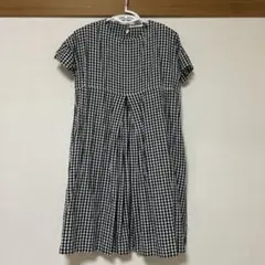 サンバレー　コットンリネン　ロングワンピース　半袖　ゆったり　ギンガムチェック