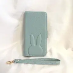 AQUOS Sense3 ケース　手帳型 カバー ブルー　うさぎ　ストラップ付き