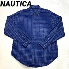 NAUTICA（ノーティカ）長袖シャツ 刺繍ロゴ Mサイズ ネイビー チェック
