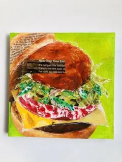 抽象画　コラージュ　アート　原画　ミニキャンバス　ハンバーガー