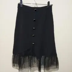 【美品】 きれいめ ボタン 膝丈 レース スカート 黒