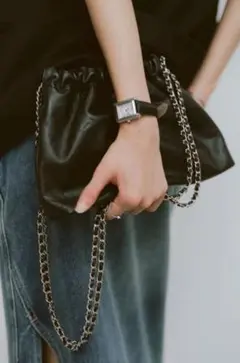 jistory ジストリー黒レザーショルダーバッグ メタルチェーン付き