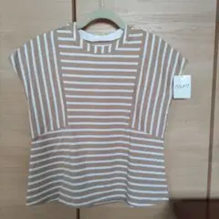 ハルメクストライプ柄 半袖Tシャツ Sサイズ ベージュ×ホワイト