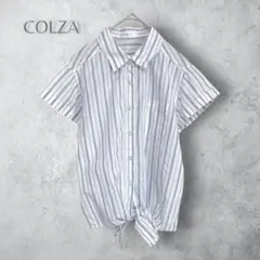 【COLZA コルザ】　ウエスト絞り　半袖シャツ　ストライプ柄　白　綿100%