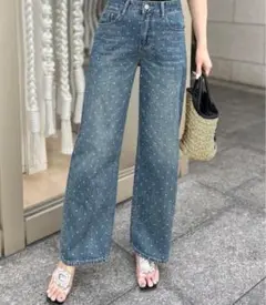 juliaboutique ドット柄ライトブルーストレートデニム