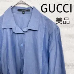 GUCCI グッチ シャツ 襟付き ブルー インターロッキング 刺繍 綿