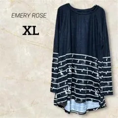 EMERY ROSE 長袖Tシャツチュニック丈 ダークブルー【XL】花トナカイ