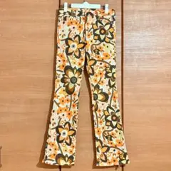 70s 70年代 vintage 花柄 ヒッピー フレア パンツ オレンジ 古着