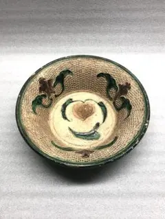 源内焼　江戸時代　￼緑釉のドラゴン模様皿 6枚セット　1点カケ有　外完品 名作 源内焼 江戸時代 1点カケ有 6枚セット ￼緑釉のドラゴン