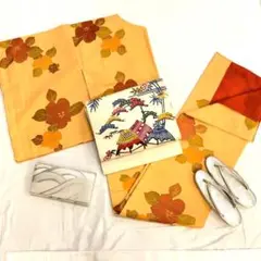 【1755】着物 小紋 化繊 袷 オレンジ 単品販売♪