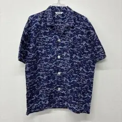 日本製 半袖　アロハシャツ　ネイビー 波模様 M U53