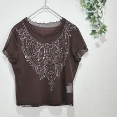 【MARSA】【レナウン】ビーズ刺繍 ブラウン 五分袖 Tシャツ　日本製