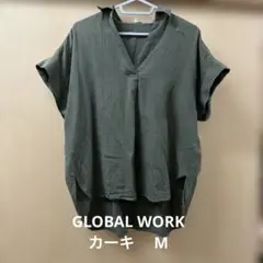 【GLOBAL WORK】カーキスキッパーシャツ半袖Mオフィスカジュアルブラウス