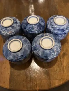 青色花柄陶器蓋付き茶碗5個セット