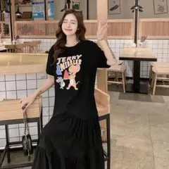 【新品】トムとジェリー Tシャツ ワンピース フリル ミドル丈 ブラック