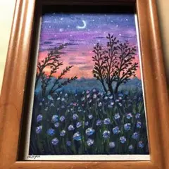 お花畑から三日月を見てみる　水彩画　絵手紙　原画　ハガキサイズ