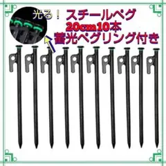 スチールペグ 20センチ10本 蓄光リング ソロキャンプ アウトドア 20cm
