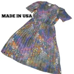 【美品】絵画風 USA プリーツ ワンピース 小花柄 マルチカラー
