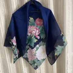 牡丹柄 スカーフ ネイビー