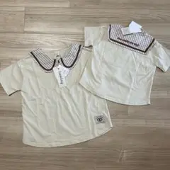 【セット】ベージュ セーラー Tシャツ チェック襟 刺繍