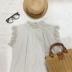 【美品】 アイボリー オフホワイト ノースリーブ レース 綿 ナチュラル