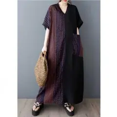 夏 セール!! ワンピース 半袖 ロングワンピース ドット柄ストライプ ゆったり