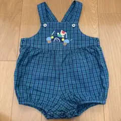 ファミリア　車の刺繍付きロンパース 緑と青のチェック