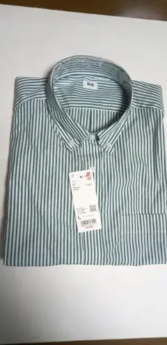 UNIQLO緑&白ストライプ ボタンダウン長袖シャツ Lサイズ男女兼用綿100%
