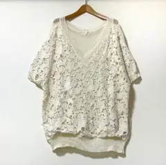 花柄刺繍レース貼りのゆるっとVネックサマーニット　ベスト