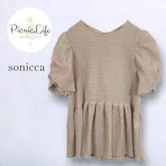 美品❤【sonicca】ギャザー切替ペプラム風半袖ブラウス パフスリーブ リボン