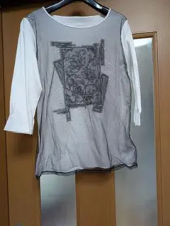 美品CORDIERフラワー刺繍入り五分袖トップス　Lサイズ日本製