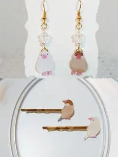 ハンドメイド　文鳥　ピアス　ヘアピン　白　シナモン　セット　鳥　レジン