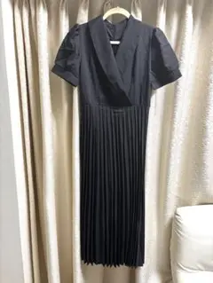 ブラック 半袖 シャツワンピース プリーツ