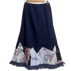 美品 デニム パッチワーク フリンジ ボヘミアン ロング スカート