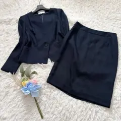 UNTITLED ノーカラー スカートスーツ ネイビー リネン混 手洗い可 2